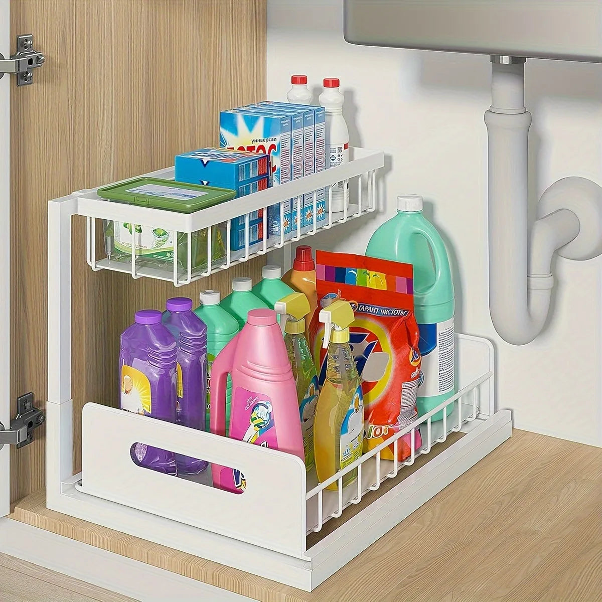 Sliding Pull Out Cabinet Rack Stainless Steel For Lower Sink Kitchen Storage