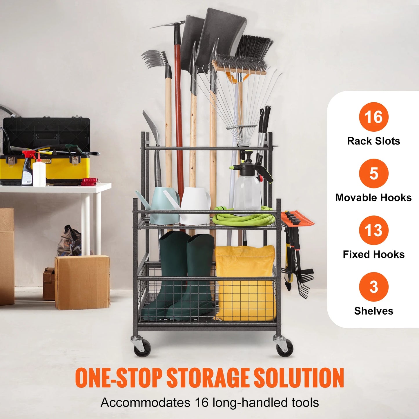 Garden Tool Organizer Rack 16 Slots With Hooks And Wheels
