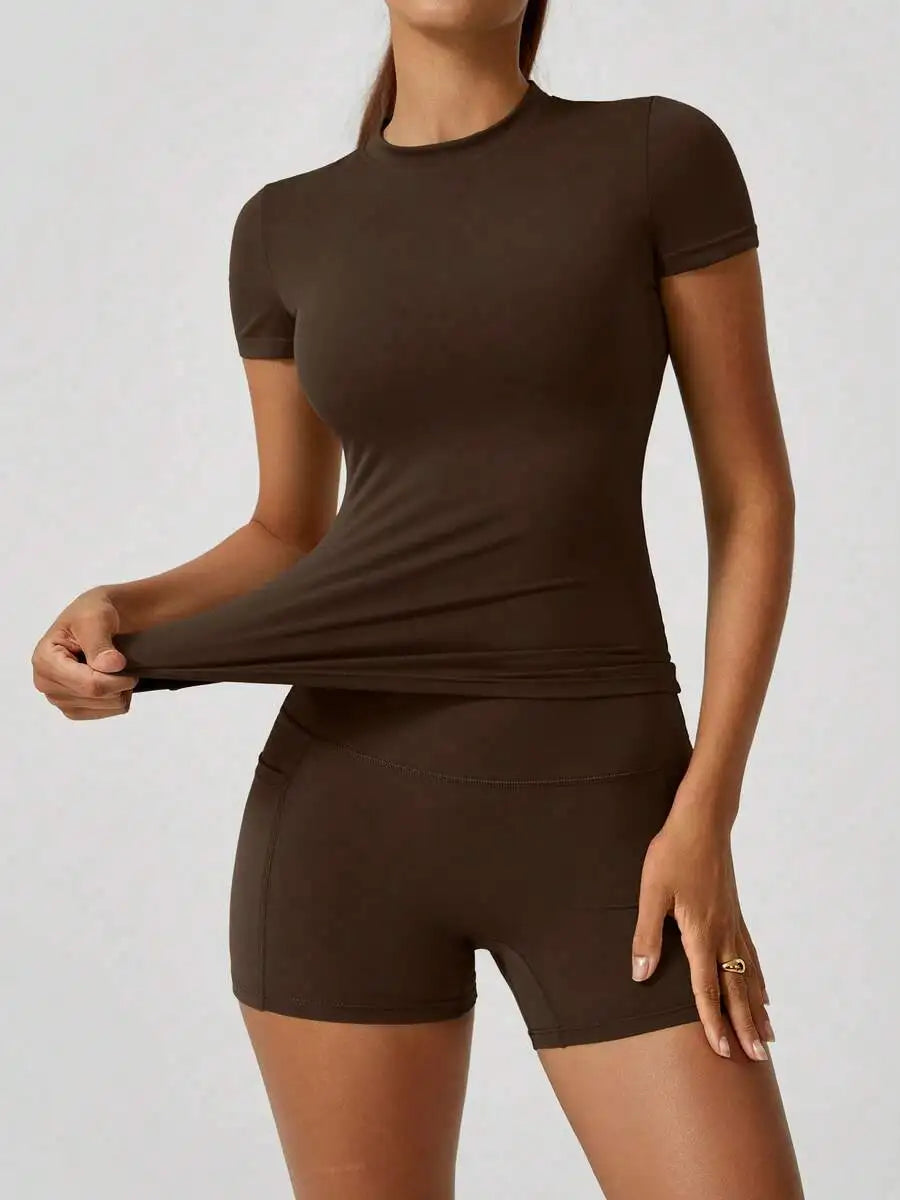 Womens High Waist Tummy Control Butt Lifting Short Sleeve Set