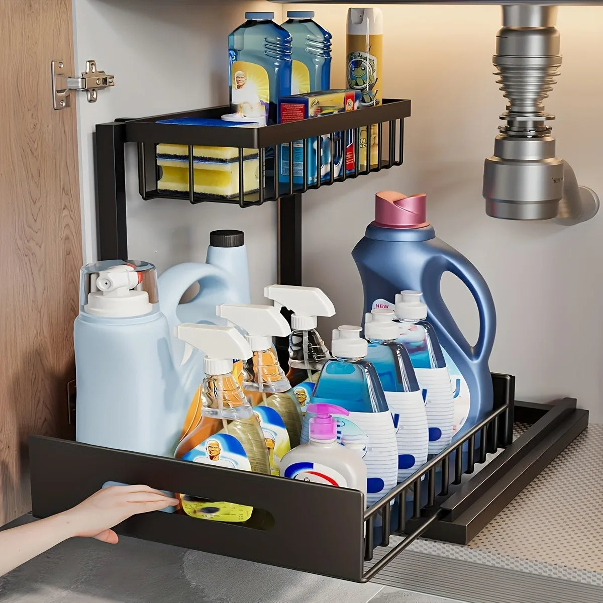 Sliding Pull Out Cabinet Rack Stainless Steel For Lower Sink Kitchen Storage