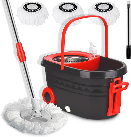 360 Spin Mop Bucket Wrings System With Wheels Extendable Handle Microfiber