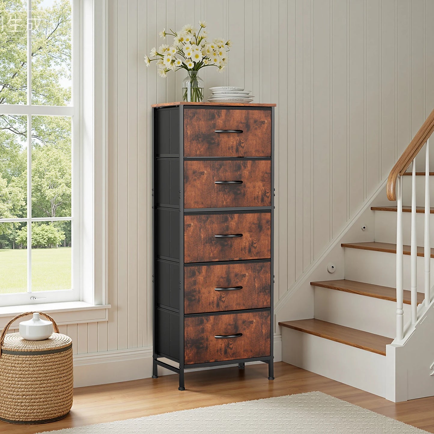 JHK 5-Drawer Fabric Dresser With Nightstand And Steel Frame