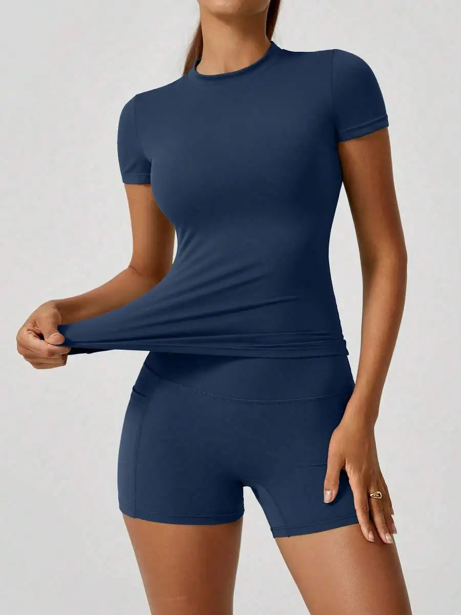 Womens High Waist Tummy Control Butt Lifting Short Sleeve Set