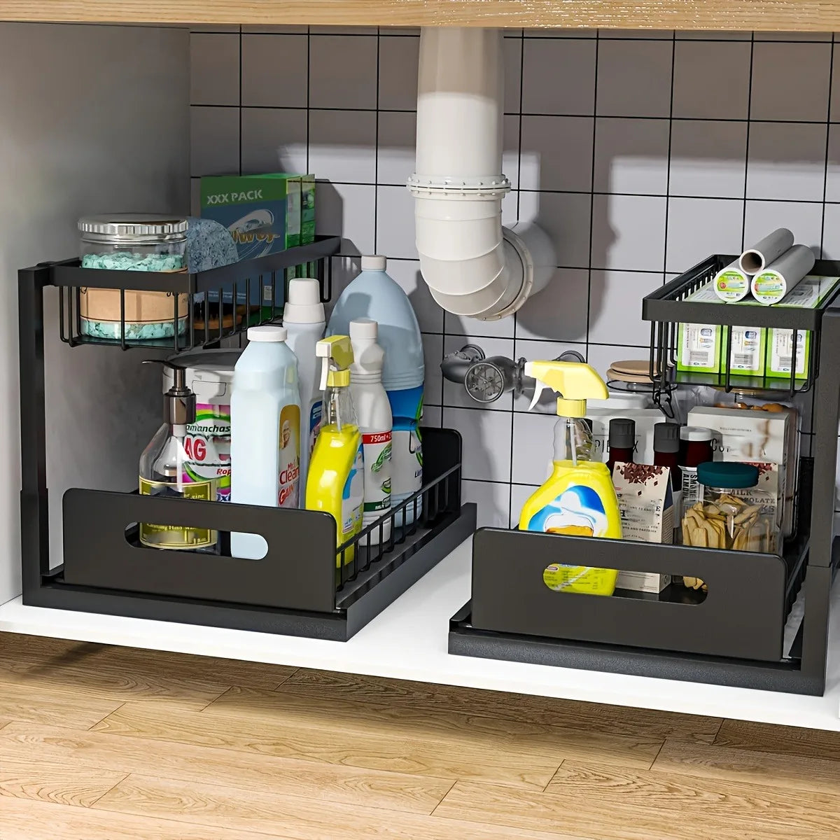 Sliding Pull Out Cabinet Rack Stainless Steel For Lower Sink Kitchen Storage