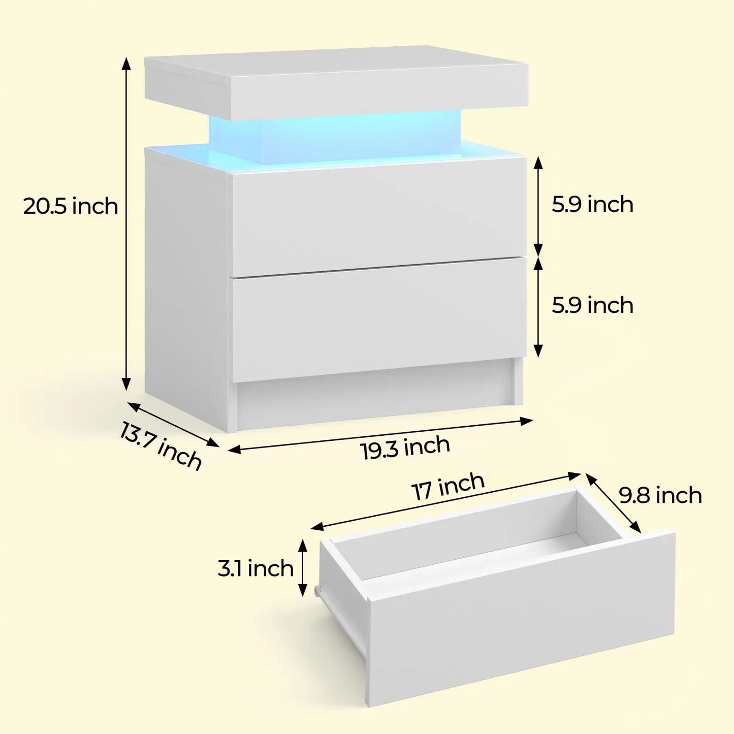 Cubehom LED Nightstand With Two Drawers End Table For Bedroom