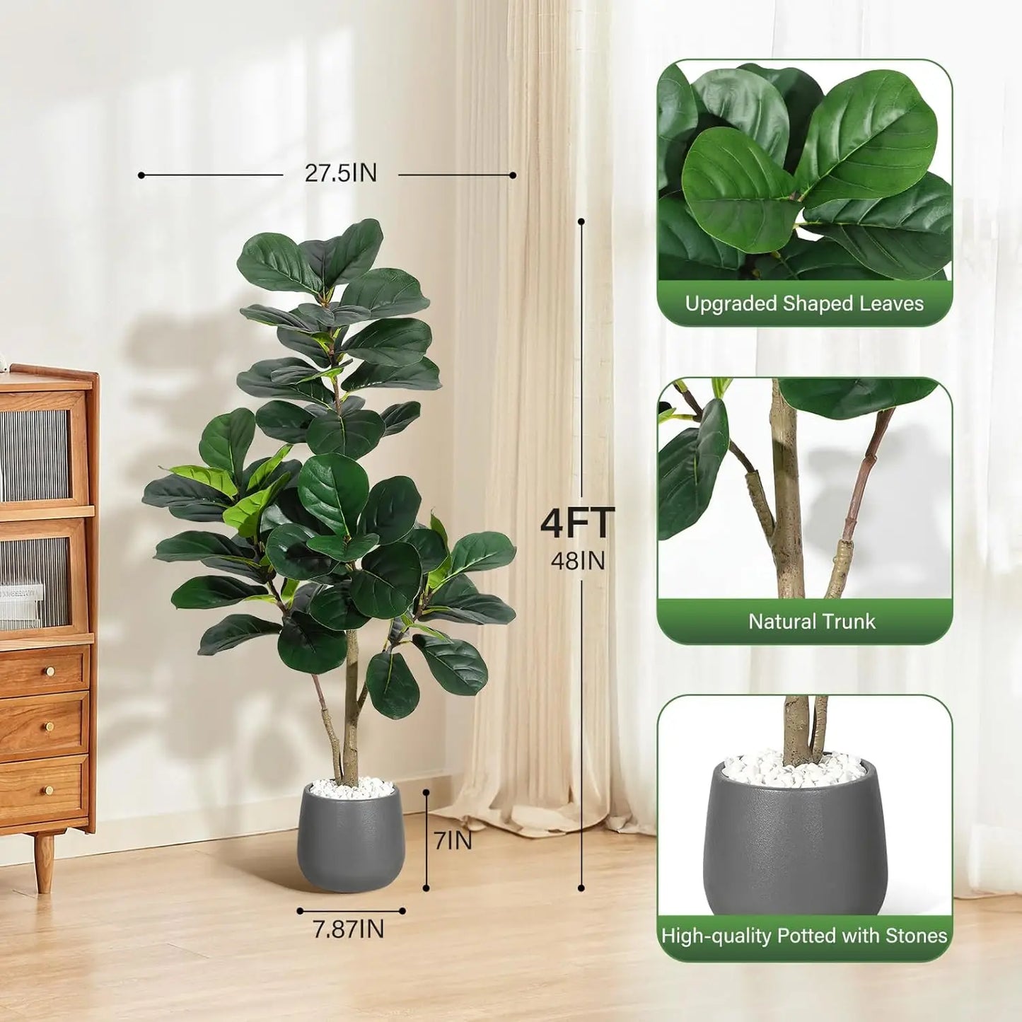 HiMISS Fiddle Leaf Fig Tree Artificial In White Planter Pot For Home Decor