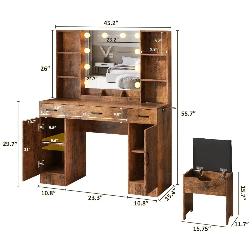 Makeup Vanity Desk With Lighted Mirror And Power Strip Rustic Farmhouse Style