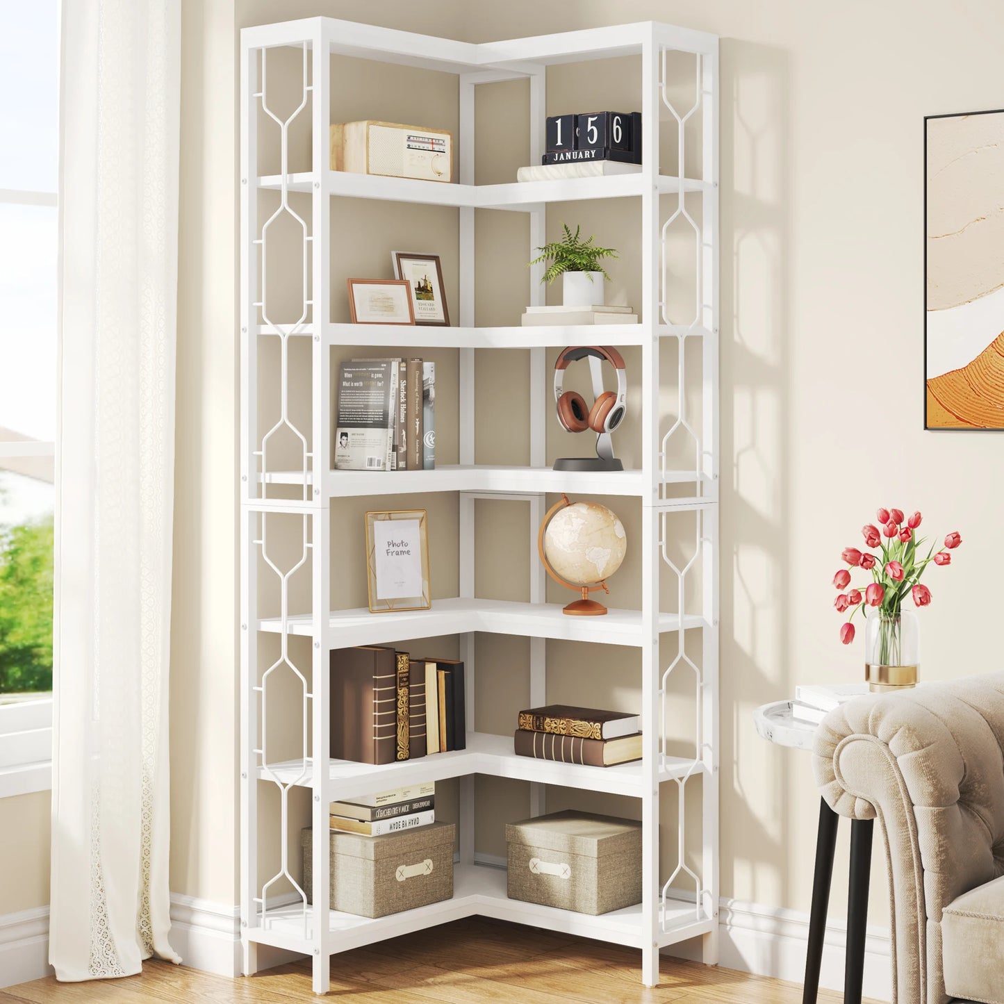 Tribesigns 7-Tier Corner Shelf Industrial Wood and Metal Etagere