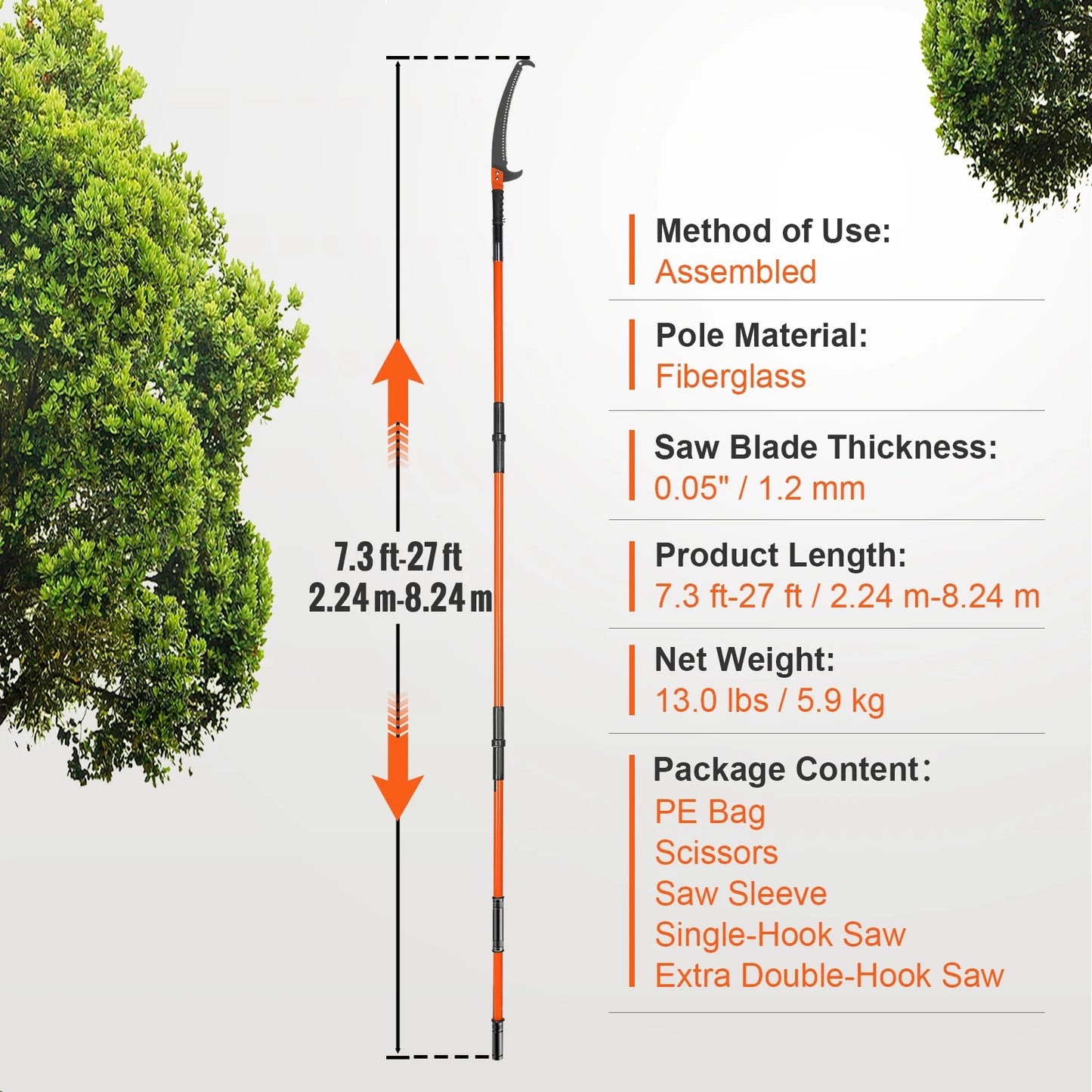 SucceBuy Manual Pole Saw Extendable Tree Pruner With Aluminum Handle