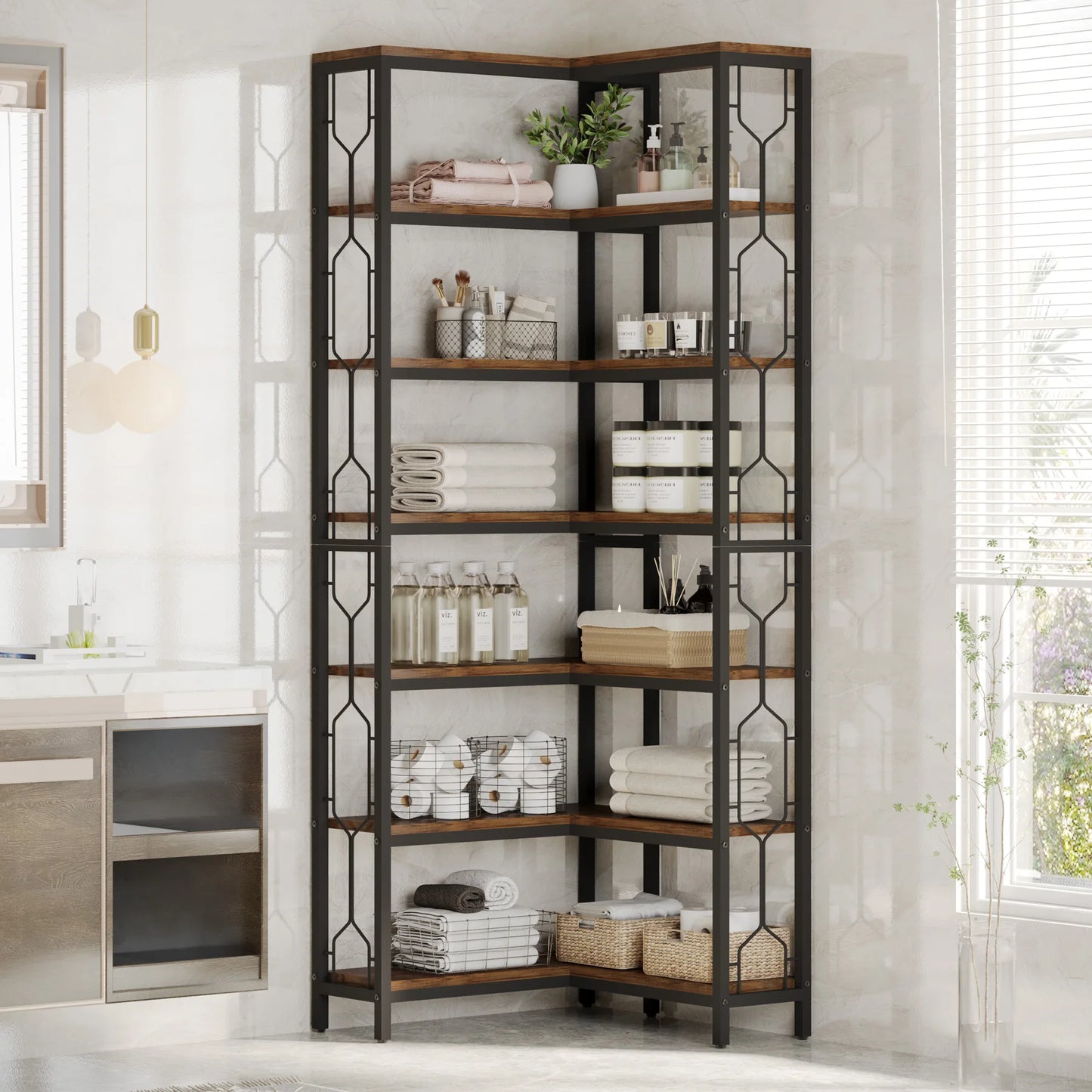 Tribesigns 7-Tier Corner Shelf Industrial Wood and Metal Etagere