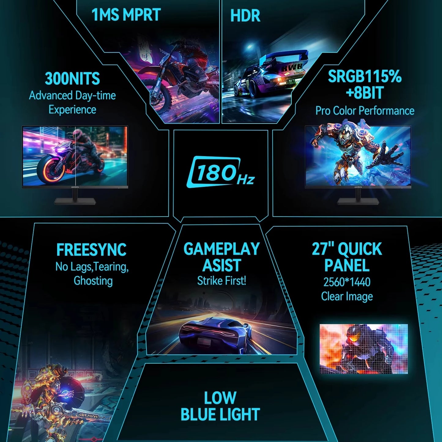 Arzopa QHD 2560x1400 Gaming Monitor With Fast IPS FreeSync Type C