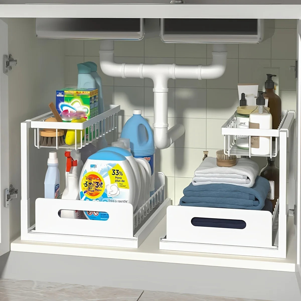 Sliding Pull Out Cabinet Rack Stainless Steel For Lower Sink Kitchen Storage