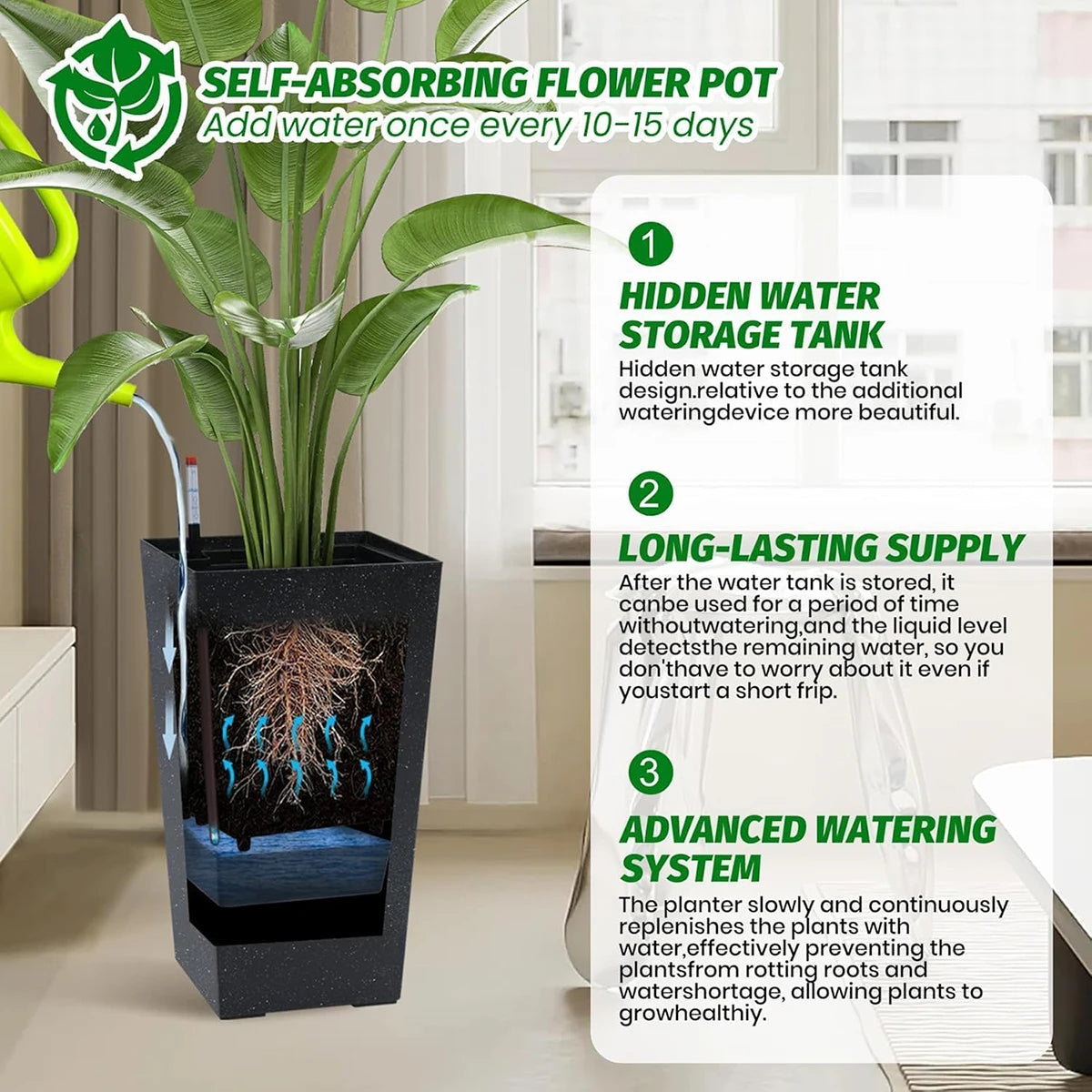 TWISTER.CK Rectangular Planter 2 With Drainage Holes Water Level Monitor