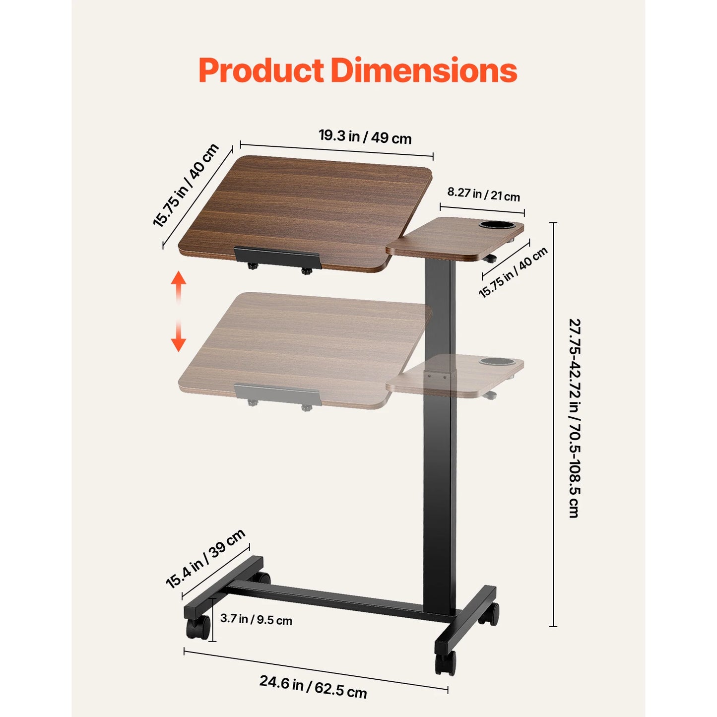 SucceBuy Overbed Table Mobile Bedside Desk With Height Adjustable Laptop