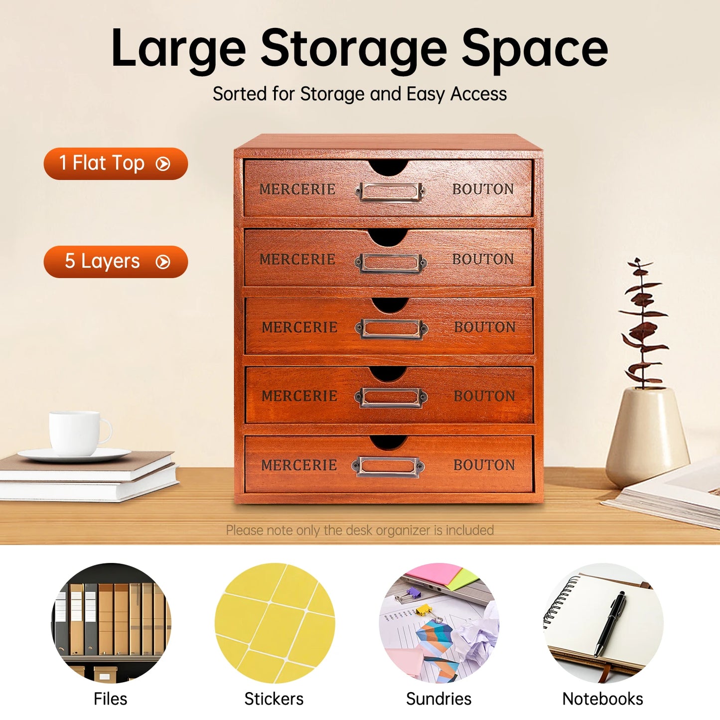 Wooden 5 Drawer Desk Organizer For Office And Study