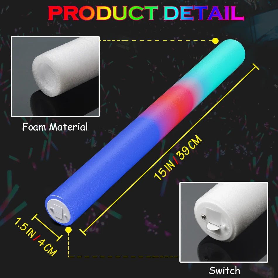 LED Foam Glow Sticks Bulk RGB Light Up Party Supplies