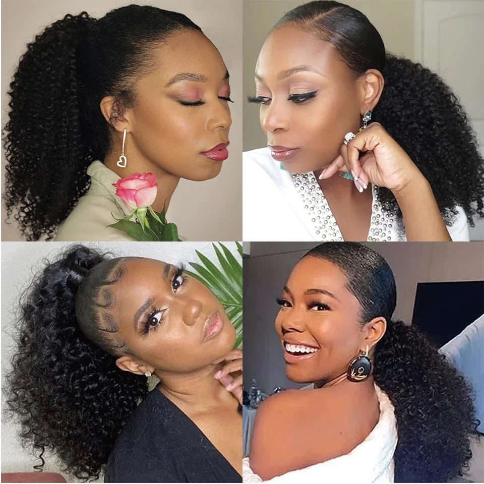 Uesoels Curly Deep Wave Drawstring Ponytail Extension Clip In Remy Human Hair