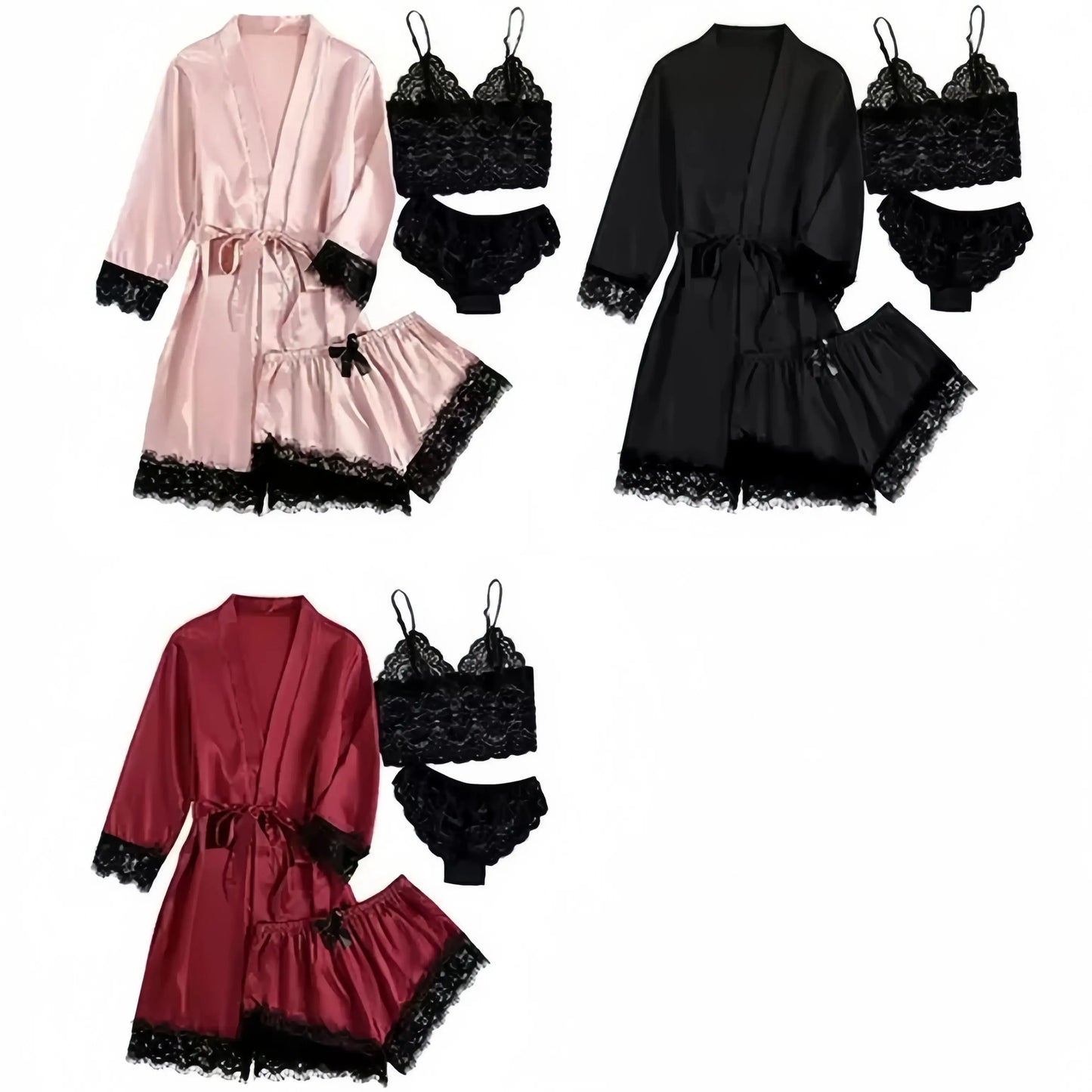 Women's Satin Lace 3-Piece Sleepwear Set With Robe Romantic