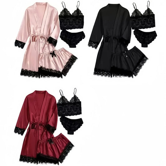 Women's Satin Lace 3-Piece Sleepwear Set With Robe Romantic