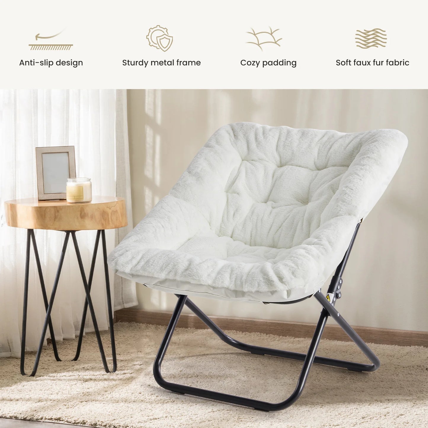 JHK Cozy Faux Fur Saucer Chair Folding With Padded Seat And Metal Frame