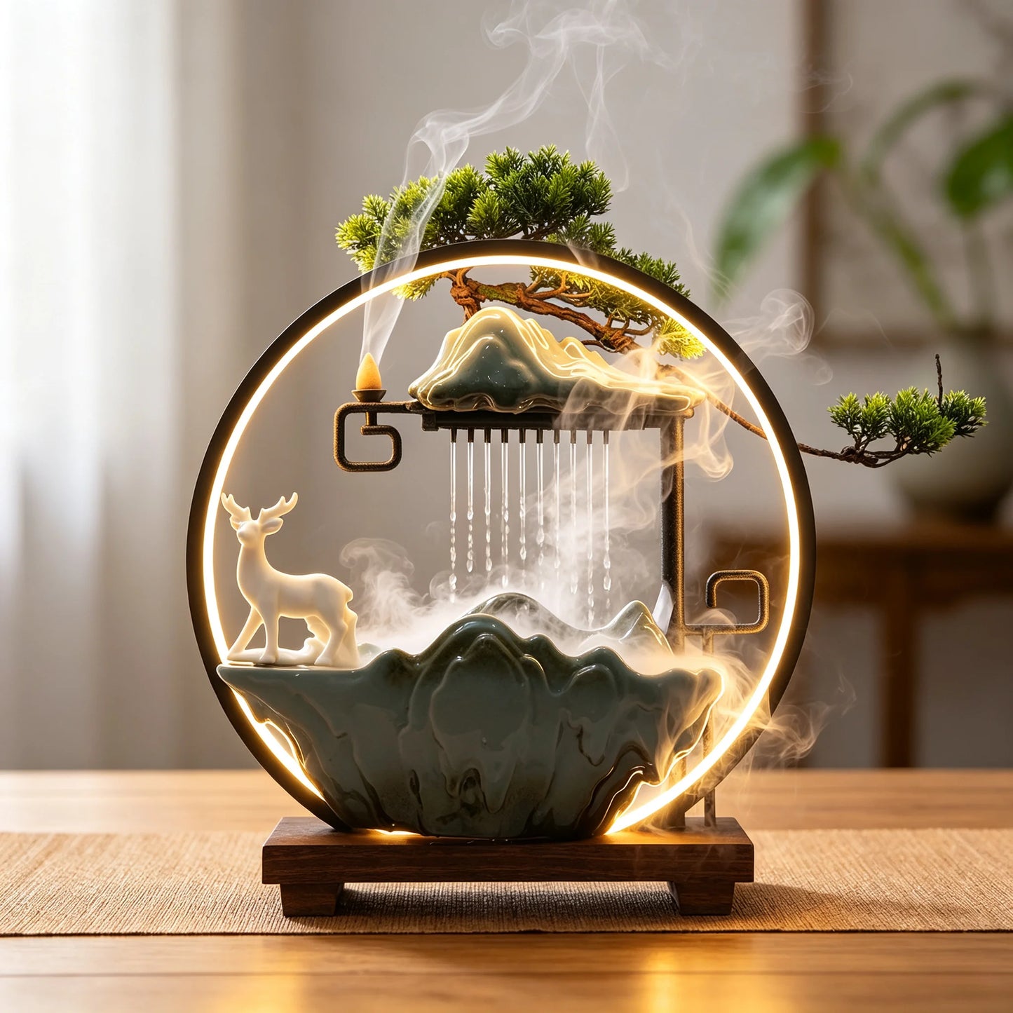 Bymaocar Tabletop Water Fountain Bonsai LED Mist Indoor Zen Decor