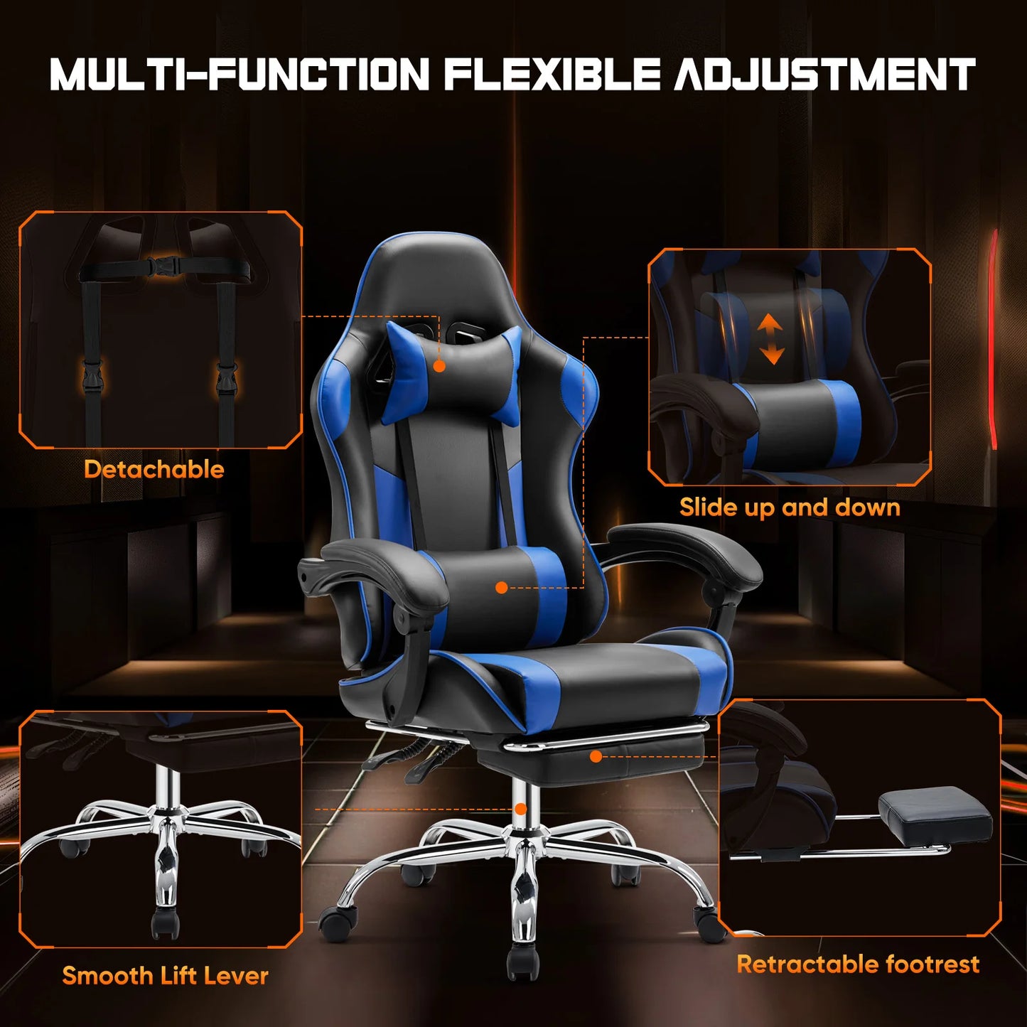 JHK Ergonomic Racing Gaming Chair PU Leather With Headrest And Lumbar Support