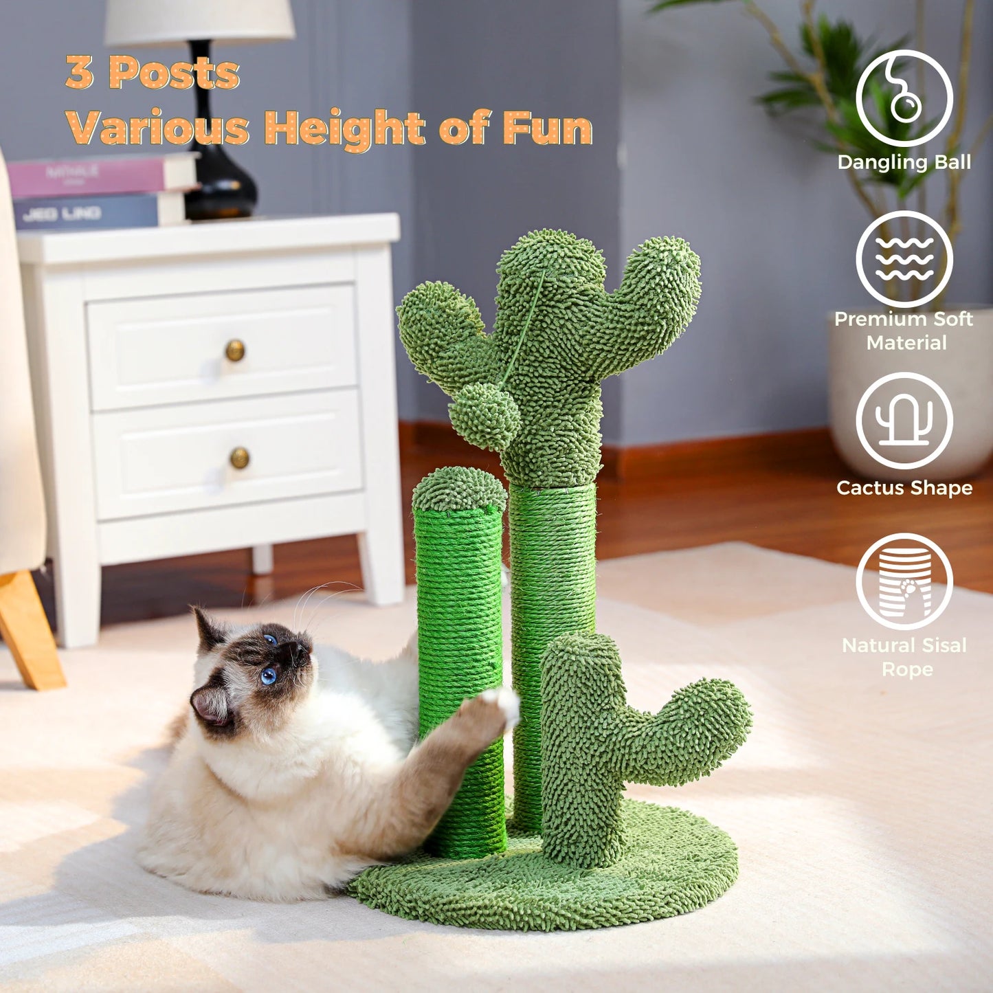PAWZ Road Cactus Cat Scratcher Post With 3 Interactive Poles